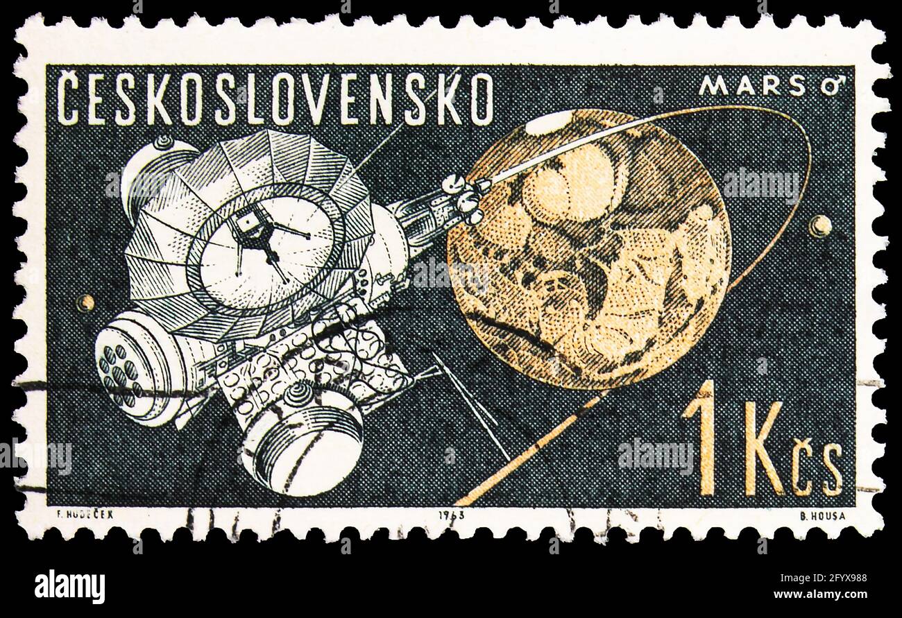 MOSKAU, RUSSLAND - 27. SEPTEMBER 2019: Die in der Tschechoslowakei gedruckte Briefmarke zeigt Space Research, Serie, um 1963 Stockfoto