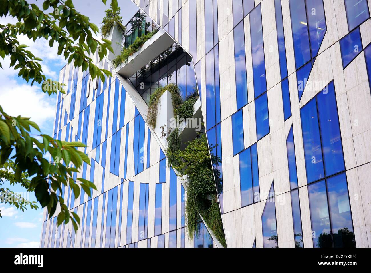 Detail eines modernen Kö-Bogen-Gebäudes, entworfen vom New Yorker Architekten Daniel Libeskind, mit „Ausschnitten“ in der Fassade für Grünpflanzen und Gräser. Stockfoto