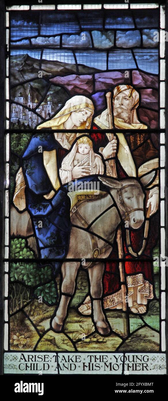 Buntglasfenster mit Darstellung des Fluges nach Ägypten, der Lady St. Mary Church, Wareham, Dorset Stockfoto