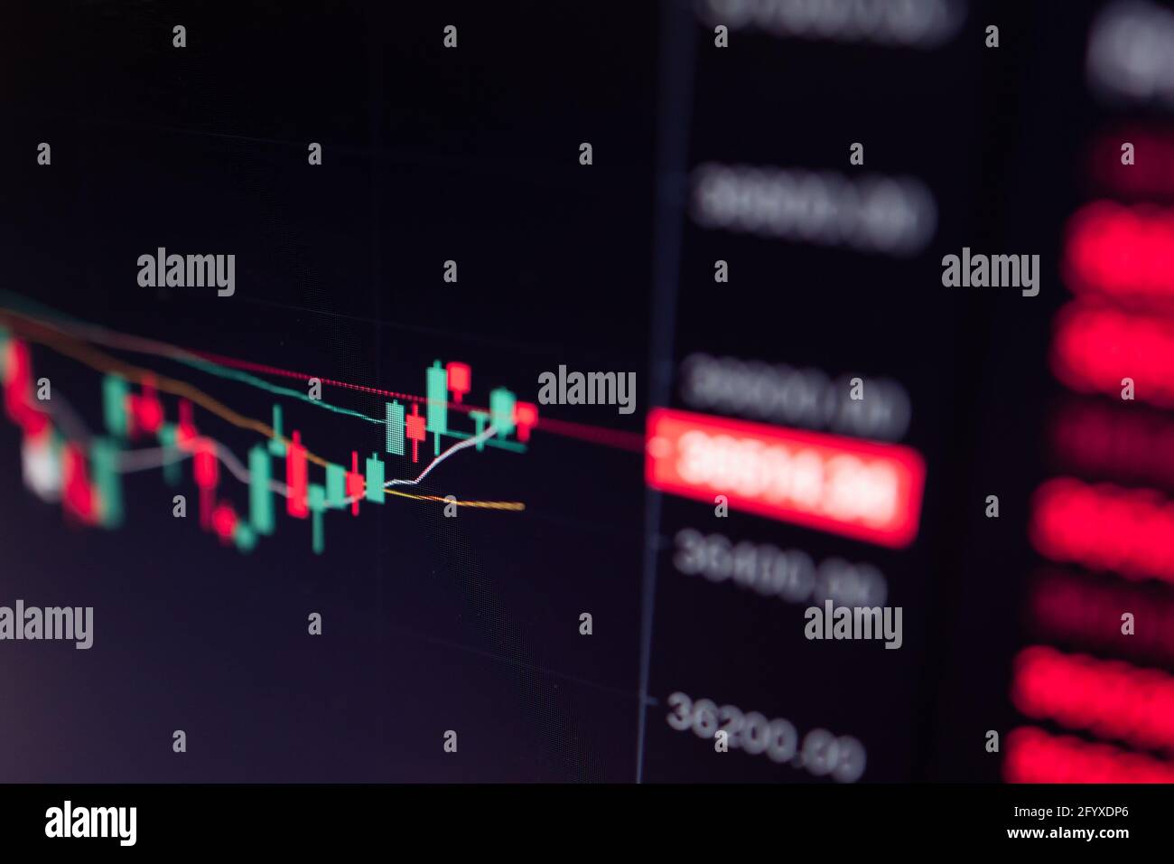 Nahaufnahme von Bitcoin und Kryptowährungskandocken an der Börse Diagramm Stockfoto