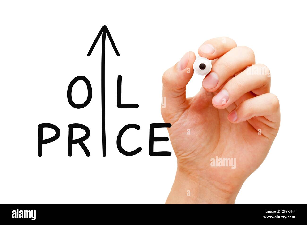 Handschriftlich steigenden Ölpreis Finanzkonzept mit schwarzem Marker auf transparentem Wipe Board isoliert auf weißem Hintergrund. Stockfoto