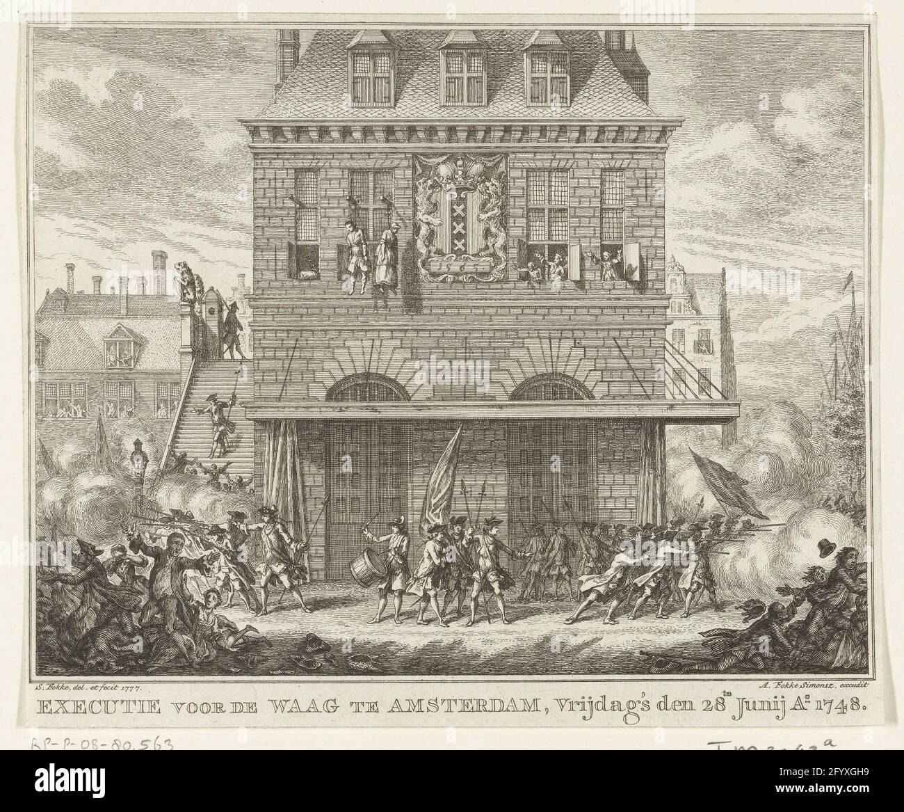 Unruhen während der Suspendierung eines Mannes und einer Frau am Waag in Amsterdam, 28. Juni 1748; Hinrichtung für den Waag in Amsterdam, Freitag der 28. Junij Ao. 1748. Realisierung während der Suspendierung eines Mannes und einer Frau (Piet van Dort und die Zitronen- und getrocknete Schulkauffrau Mat van den Nieuwendijk), zwei Teilnehmer am Mieterruder, am Waag in Amsterdam, 28. Juni 1748. Die Dreharbeiten öffnen das Feuer des Publikums. Stockfoto