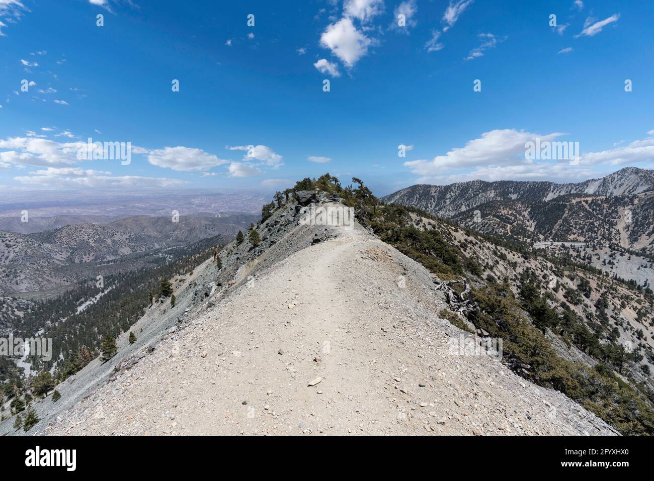 Blick auf den Backbone Trail in der Nähe des Mt Baldy Gipfels in den San Gabriel Mountains über Südkalifornien. Stockfoto