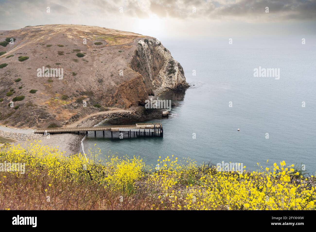 Blick auf das Dock von Scorpion Anchorage auf der Insel Santa Cruz im Channel Islands National Park in der Nähe von Los Angeles und Ventura, Kalifornien, USA. Stockfoto