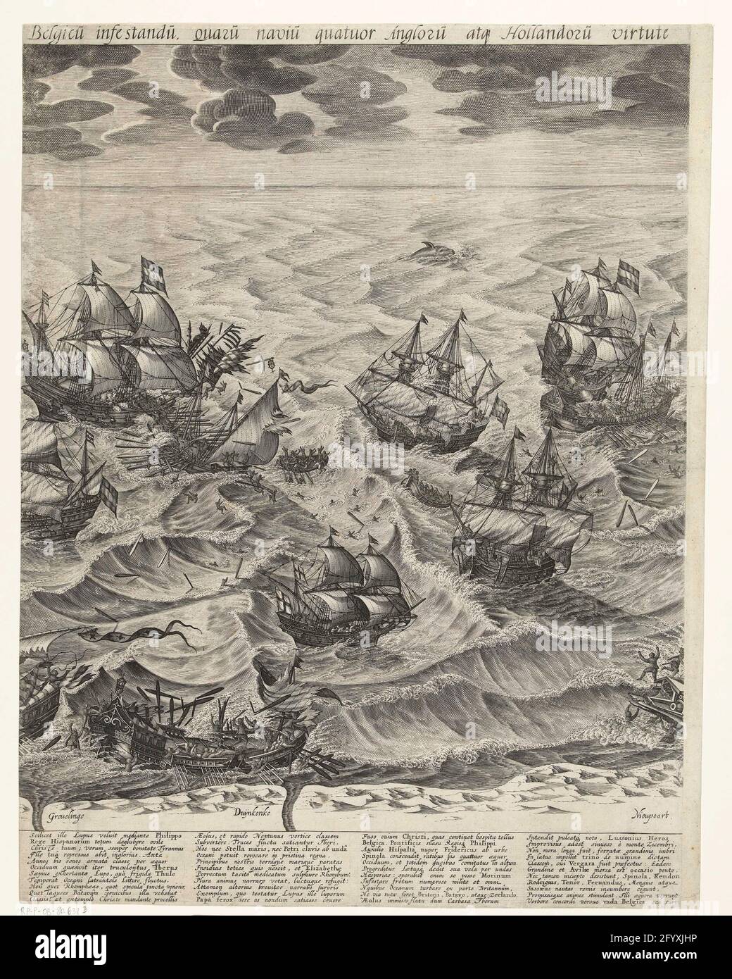 Die Zerstörung der spanischen Galeere für die flämische Küste (Mittelblatt), 1602; TYPUS OCTO LANGARU [M] Naviu [M] Anno MVICII ab Hispaniae Rege Missaru [M] Ad Oceanum belgicu [M] Infestandu [M], Quaru [M] Naviu [M] Quator Angloru Viruteeratque Hollandoru et Sungata: Die Zerstörung der spanischen Galeien im Kanal für die flämische Küste durch die Staatsflotte unter Vizeadmiral Jacob van Duivenvoorde, Lord of Obdam, 3. Oktober 1602. Große Show bestehend aus drei Blättern. Middleblad: Verschiedene Galiem werden angegriffen, die Crew springt über das Wildschwein Stockfoto