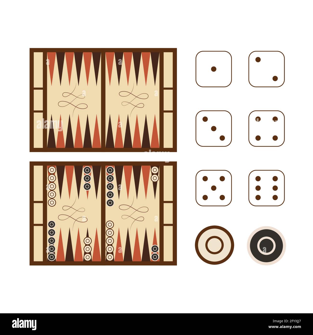 Klassisches Backgammon-Spielfeld mit Würfeln isoliert auf Weiß Stock Vektor