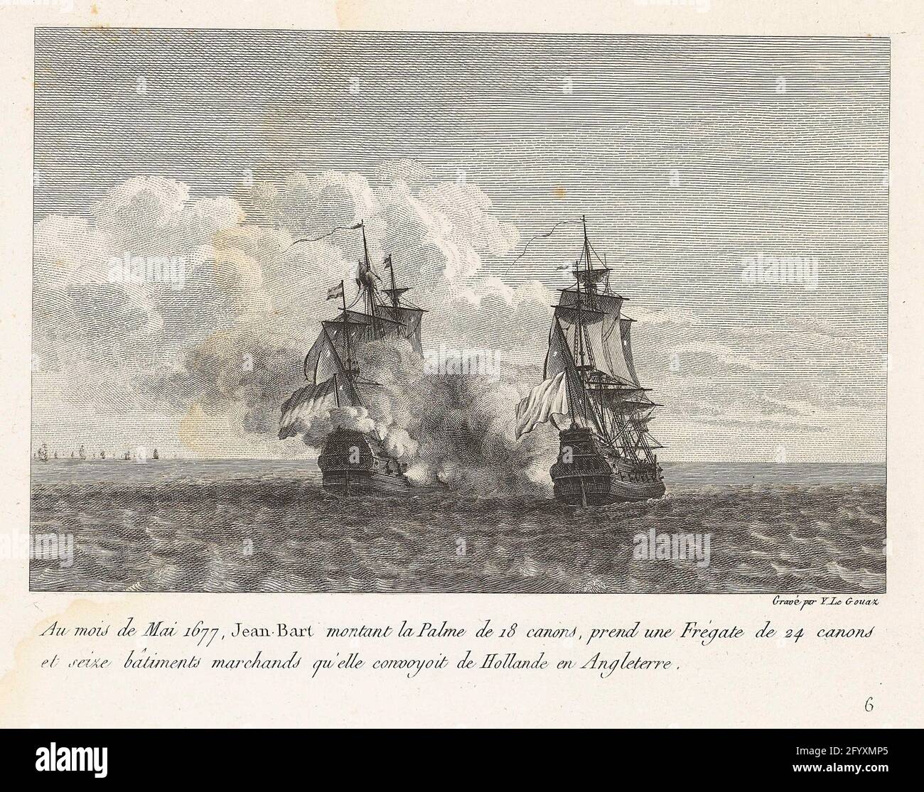 Jan Bart erobert eine holländische Fregatte, 1677; Au Mois de Mai 1677, Jean-Bart Montant La Palme de 18 Canons, prend Une Frégate de 24 Canons et Seize Bâtimens Marchands Qu'elle Convoyoit de Hollande und Angleterre; Recueil des Combats de Jean-Bart, Chef d'Escadre Sous Louis XIV Jan Bart erobert eine holländische Fregatte auf dem Weg von Holland nach England, Mai 1677. Teil einer Serie über die Taten des flämischen Entführer im französischen Dienst Jan Bart. Stockfoto
