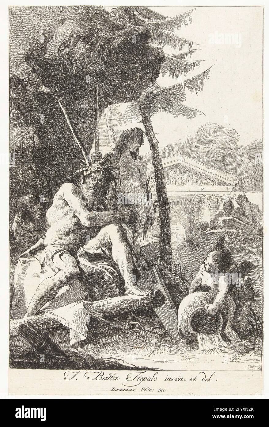 flussgott und zwei junge Männer und Putto an Land; drei Flussgötter. Stockfoto