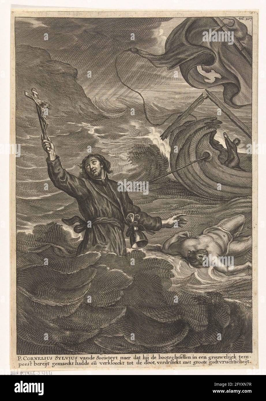 Cornelis Sylvius ertrinken; berühmte katholische Märtyrer. Der Druck zeigt den heroischen Tod des Jesuiten Cornelis Sylvius. Inmitten eines stürmischen Meeres hält der Priester mit seiner rechten Hand ein Kruzifix in die Luft. Ein Fehlhub ist an seinen Gürtel gebunden. Zusätzlich zu ihm fährt eine Leiche eines Matrosen. Im Hintergrund ein Schiff, das der Spielball der wilden Wellen ist. Einer der Seeleute ist noch auf dem Schiff und betet bereits knieend. Der Druck hat eine niederländische Bildunterschrift: 'P. Cornelius Sylvius Vande Societeyt naer, dass er die Bootsgheslen in einem Groupwelijck Tempeest genannt hatte geleert und bis zum Punkt abgelehnt, ertrank Stockfoto