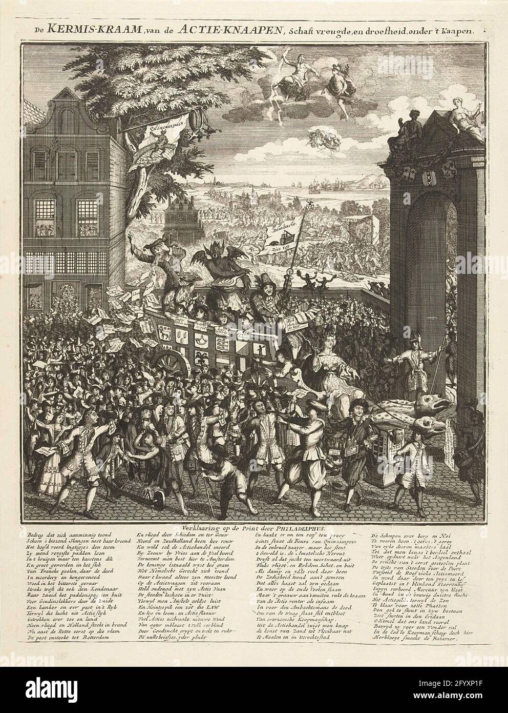 Der Festplatz-Stall der Action-Dealer, 1720; der Festplatz, der Action-knaapen, schafft Freude, Und Traurigkeit, unter dem Kailing; die große Szene der Torheit. Der Messestände der Action-Händler. Ein großer Wagen, der von zwei Kröten gezogen und von Täuschung angefüllt wird, auf dem treibende Bombario (mit Bochel) in Harlekin-Kleidung, der Teufel mit einem Balg und einem Jet, der teilt angeben. Um den Wagen herum und beim Coffeehouse Quincampoix in Panik zu geraten. Rechts ein Tor mit den Waffen von Haarlem, Amsterdam und Leiden, dem der Wagen verweigert wird. In der Bildunterschrift ein Vers in vier Spalten von Philadelp Stockfoto