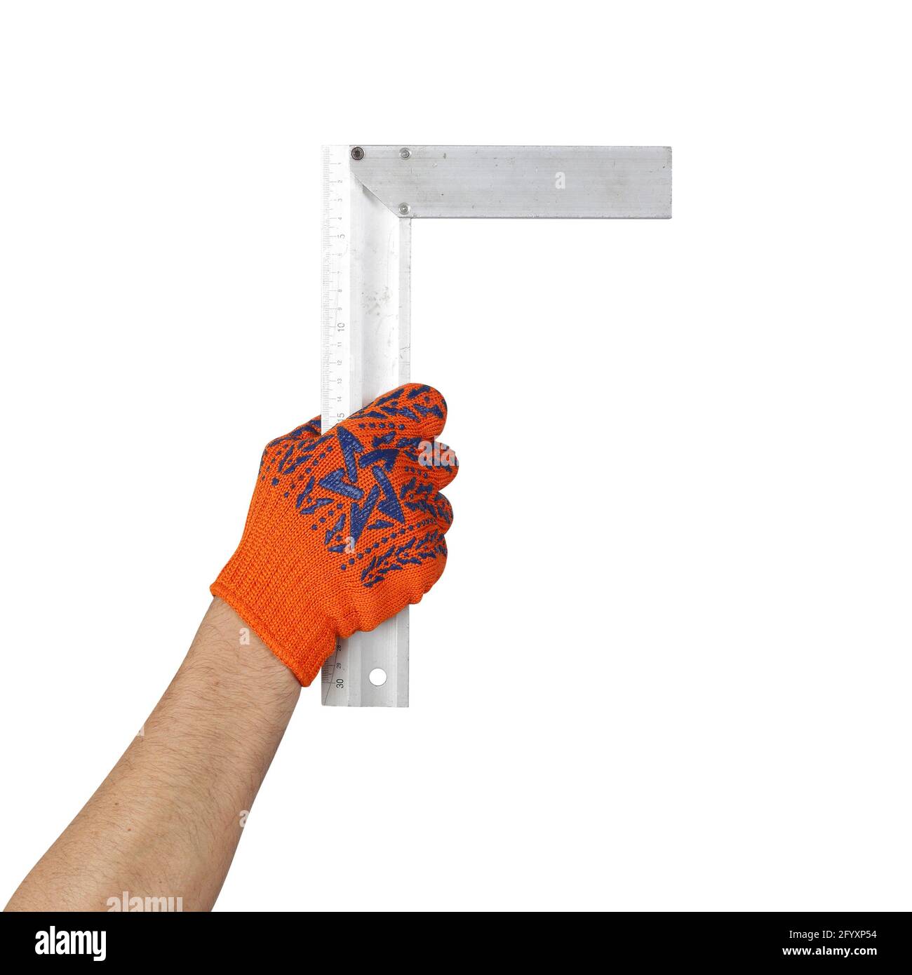Objekte Werkzeug Hände Aktion - Hand in Arbeit Handschuh hält Versuchen quadratische Arbeiter isoliert weißen Hintergrund. Stockfoto