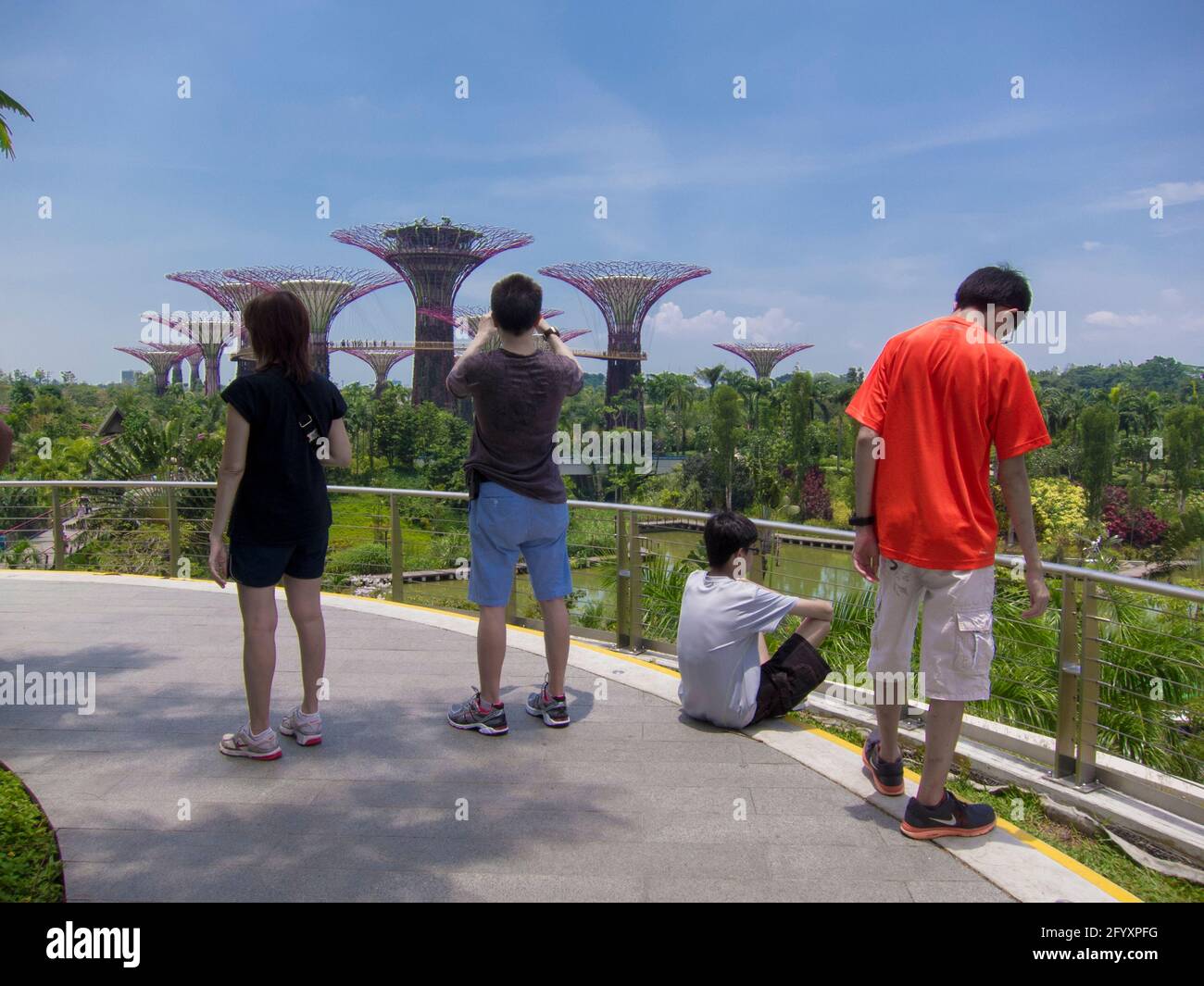 Die Leute im Überblick, schauen und fotografieren die Skyway-Bäume im Park Gardens by the Bay Bontanic in Singapur. Stockfoto