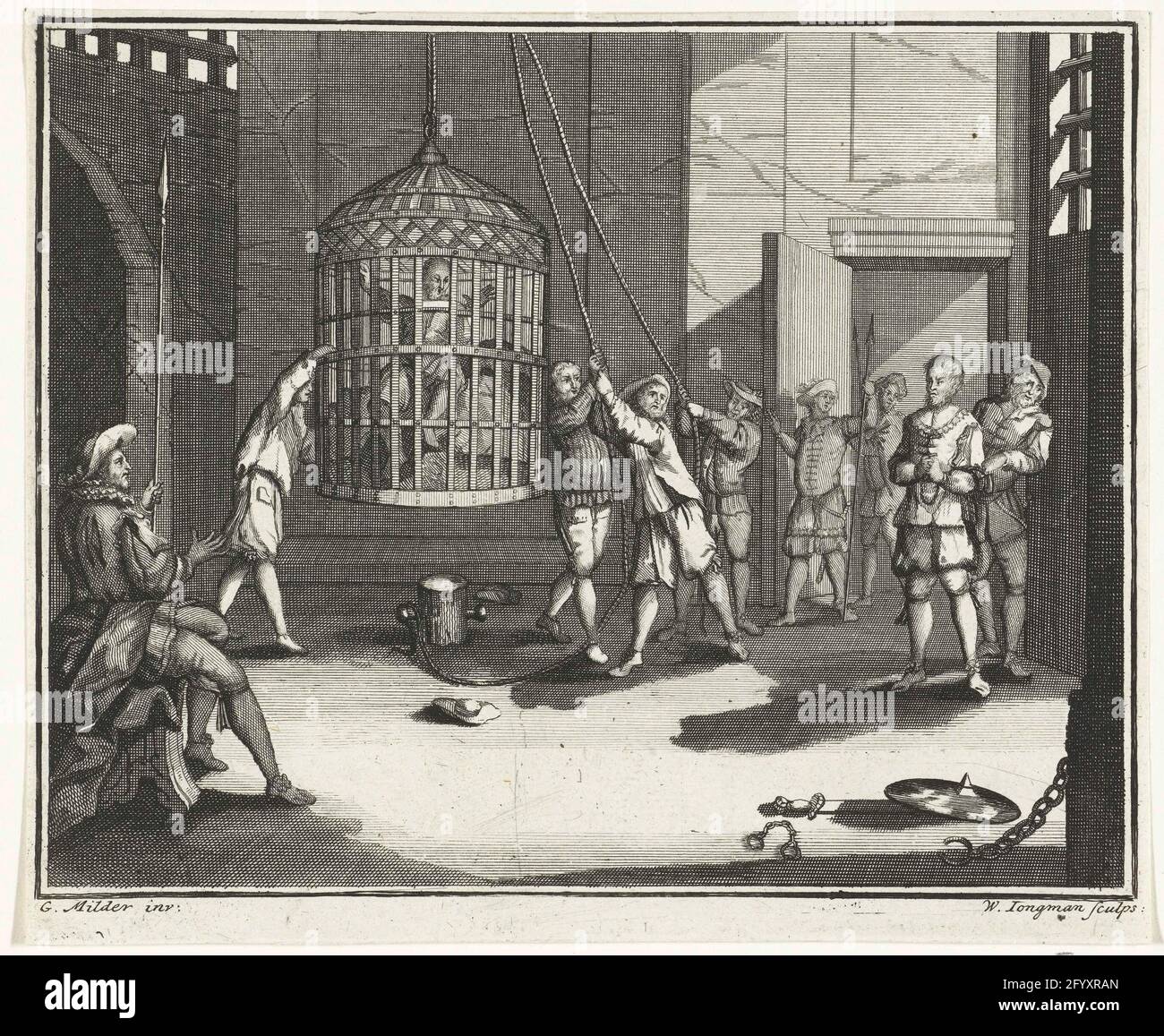 Jan Kruyze und Willem van Deutichem werden im Wassenaarskooi in Hattem, 1520, abwechselnd bestraft. Jan Kruyze, Steward von Salland und Willem van Deutichem, Schout van Deventer, werden im Käfig Wassenaar, dem Käfig von Jan van Wassenaar, in Hattem , 1520, getrimmt. Die Szene spielt sich im Gefängnis ab. Stockfoto