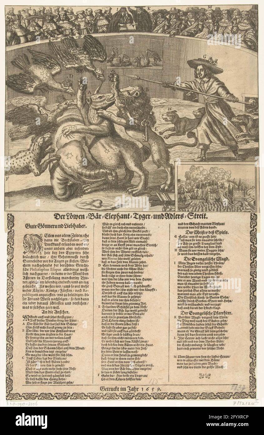 Allegorie auf den Nordischen Krieg, ca. 1658; der Löwen-, Bär, Elephant, Tyger und Adlers-streit. Allegorie auf den Nordischen Krieg, um 1658. In einer Arena ein Kampf zwischen einem Löwen (Niederlande), Bär (Schweden), Elefant (Dänemark), einem Tiger und drei Adlern (Polen, Preußen und das Deutsche Reich). Der Kampf wird von Cromwell mit seinen Hunden getrieben. Die europäischen Fürsten beobachten als Audienz, in der Mitte die evangelische Jungfrau und den evangelischen Prediger. Unten rechts einer Verpflichtung mit einem Kampf zwischen Schiffen auf einem Schloss Kronborg. Unter dem Blatt ist in 3 Spalten ein Text mit einer Aussage eingeklebt Stockfoto