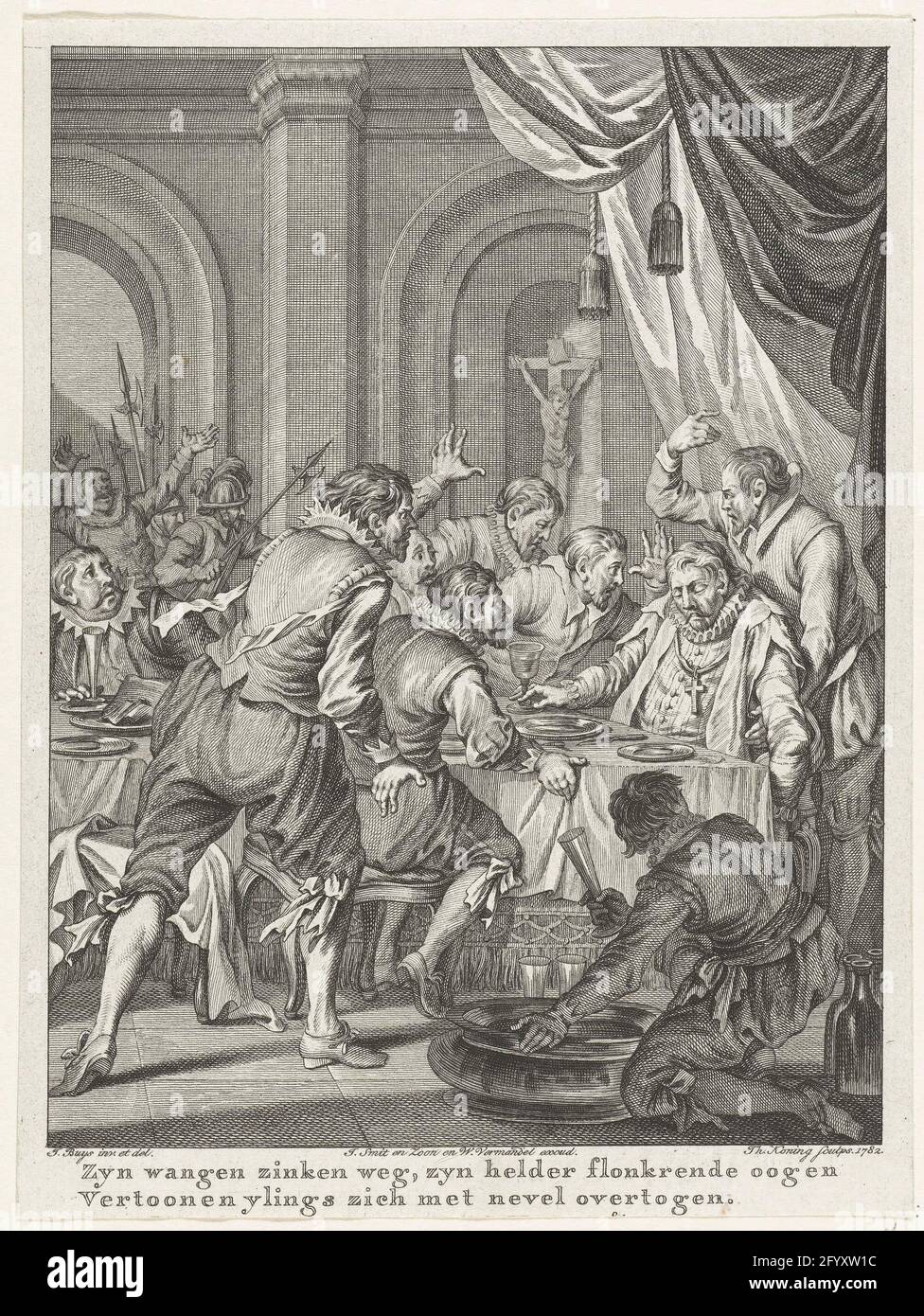 Tod von Requesens, 1576; seine Wangen versinken, seine hellen, flüchzenden Augen / Schauklatschen lösen sich mit Nebel auf; Szenen aus dem Leben von Prinz Willem I., 1568-1584. Tod von Requesens. Der Grundstückswächter muss während eines Banketts am 5. März 1576 am Tisch sterben. Sechzehnter Gesang. Stockfoto