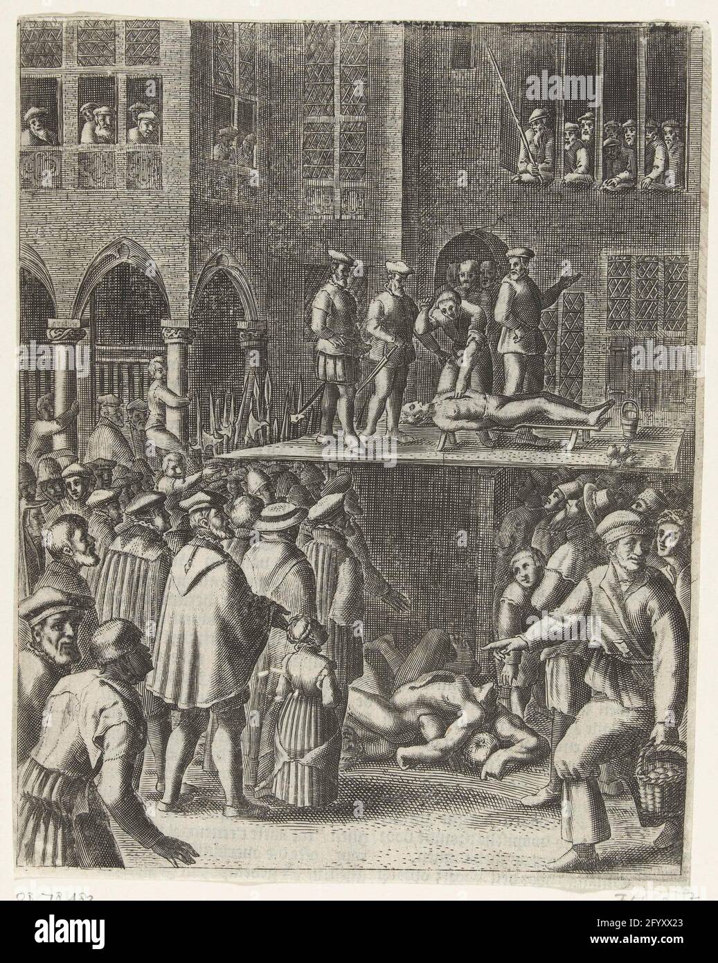 Hinrichtung der Better auf dem Schaveot am Dam-Platz, 1535. Folter und Hinrichtung der Besseren auf dem Gerüst für das alte Rathaus am Dam-Platz, 28. Juli 1535. Aus den Fenstern des Rathauses beobachten Richter eine große Menschenmenge auf dem Damm. Unter dem Gerüst die verstümmelten Leichen der bereits befohlenen. Drucken Sie aus dem Buch ausgeschnitten. Ohne den Vers unter der Show. Stockfoto
