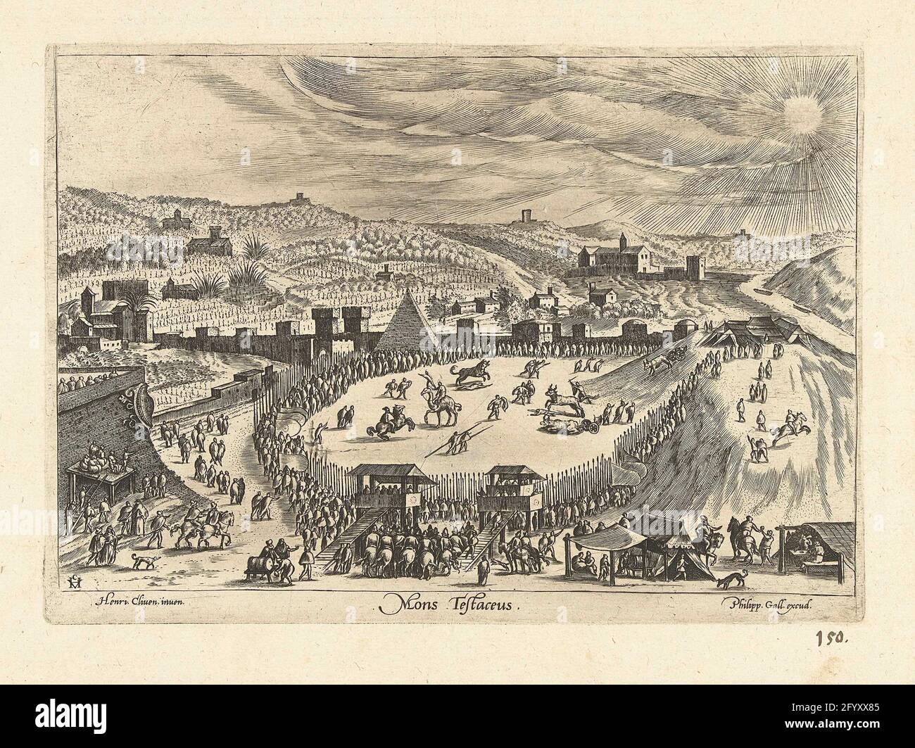 Gesicht auf dem Monte Testaccio; MONS TESTACEUS; Ruinarum Varii Prospectus. Blick auf den Monte Testaccio. Ein Turnier ist im Gange und viele Zuschauer wurden zusammengestellt, um das Spektakel zu sehen. Der Druck ist Teil einer Serie, die verschiedene Orte im Mittelmeer darstellt. Stockfoto