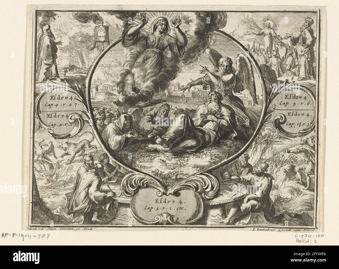 Ezra, Engel und Erscheinung einer Frau. Ezra lügt, mit Engel (uriel), der auf die Erscheinung einer Frau hinweist. Vier Aufführungen rund um die Hauptaufführung mit weiteren Episoden aus dem Apokryphen Buch Ezra. In drei Rahmen Verweise auf die Passagen aus Ezra 4. Stockfoto