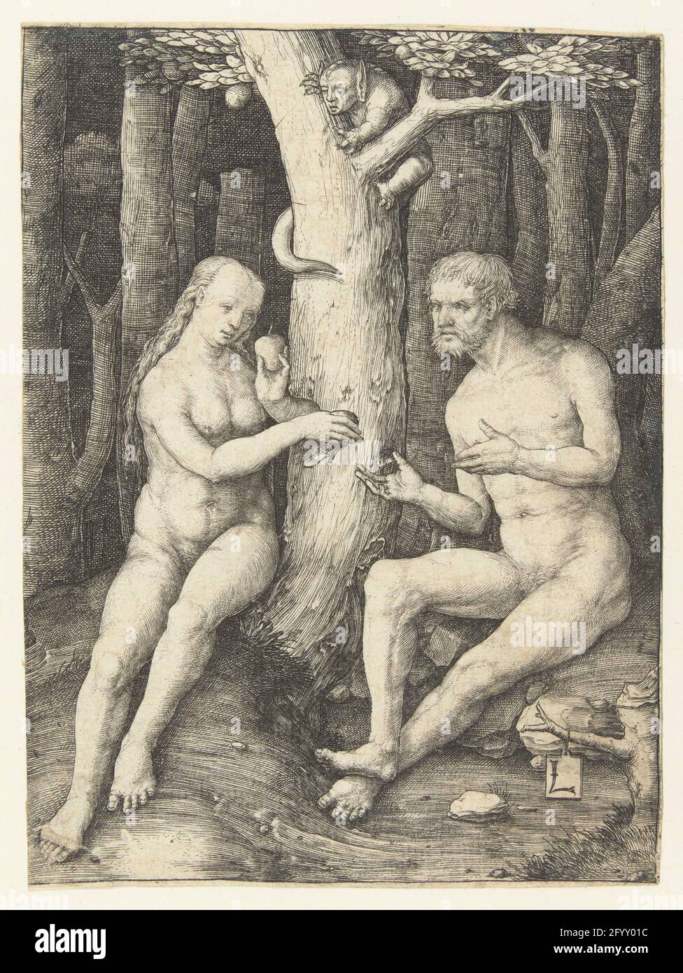 Der Herbst. Eva und Adam sitzen an einem Baumfuß. EVA mit zwei Früchten, Hände bis zu ADAM. In Boom ein Teufel mit einem Schlangenschwanz. Stockfoto