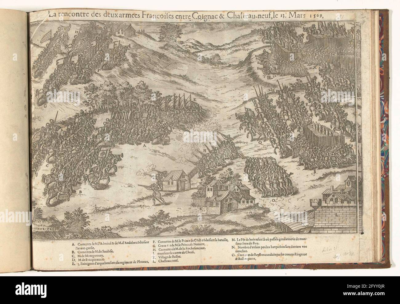 Der Armeen von Jarnac, 1569; La Rencontre des Deux Armees Francoises Entre Coignac & Chasteau-Neuf, LE 13. März 1569. Nehmen Sie die Armeen in Jarnac, 13. März 1569. Blick auf das Schlachtfeld. In der Bildunterschrift die Legende A-O auf Französisch. Nicht Nummeriert. Stockfoto