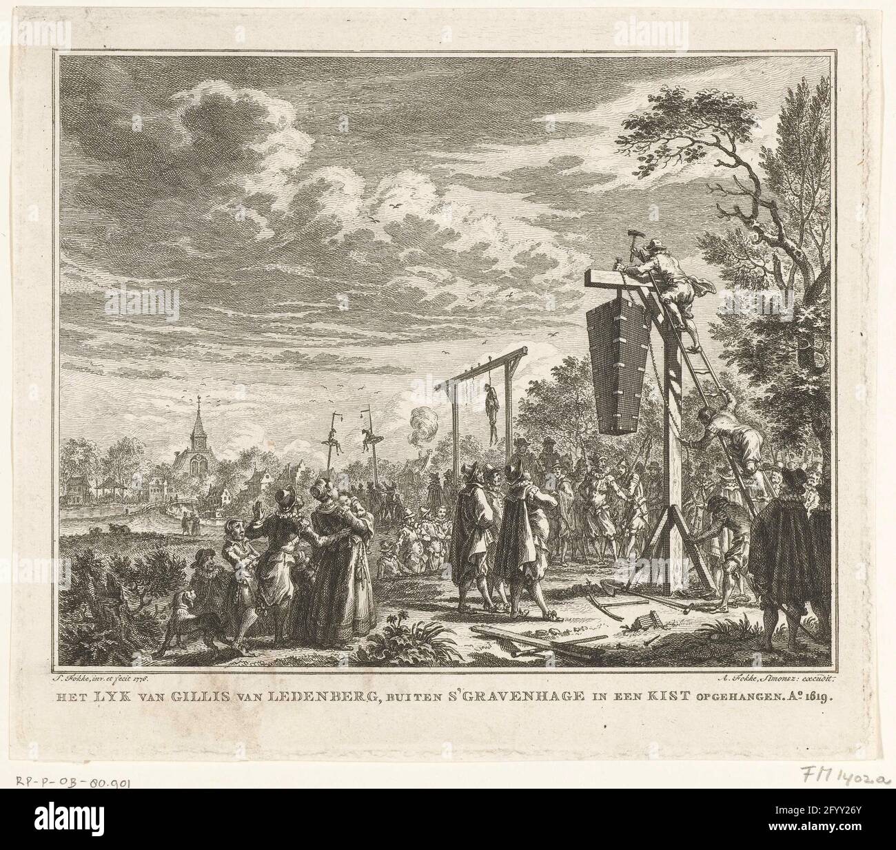 Der Sarg von Memenberg ist auf dem Galgen aufgehängt, 1619; Legenberg Gillis Lyk, außerhalb von S'gravenhage in einer Brust aufgehängt. Ao. 1619. Der Sarg mit den Resten von Gilles aus Ledenberg am Galgen wird außerhalb von Den Haag, 15. Mai 1619, aufgehängt. Stockfoto
