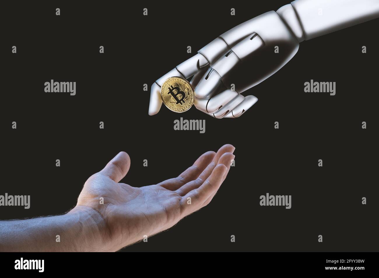 Roboterhand, die einer menschlichen Hand auf schwarzem Hintergrund einen Bitcoin gibt. Stockfoto