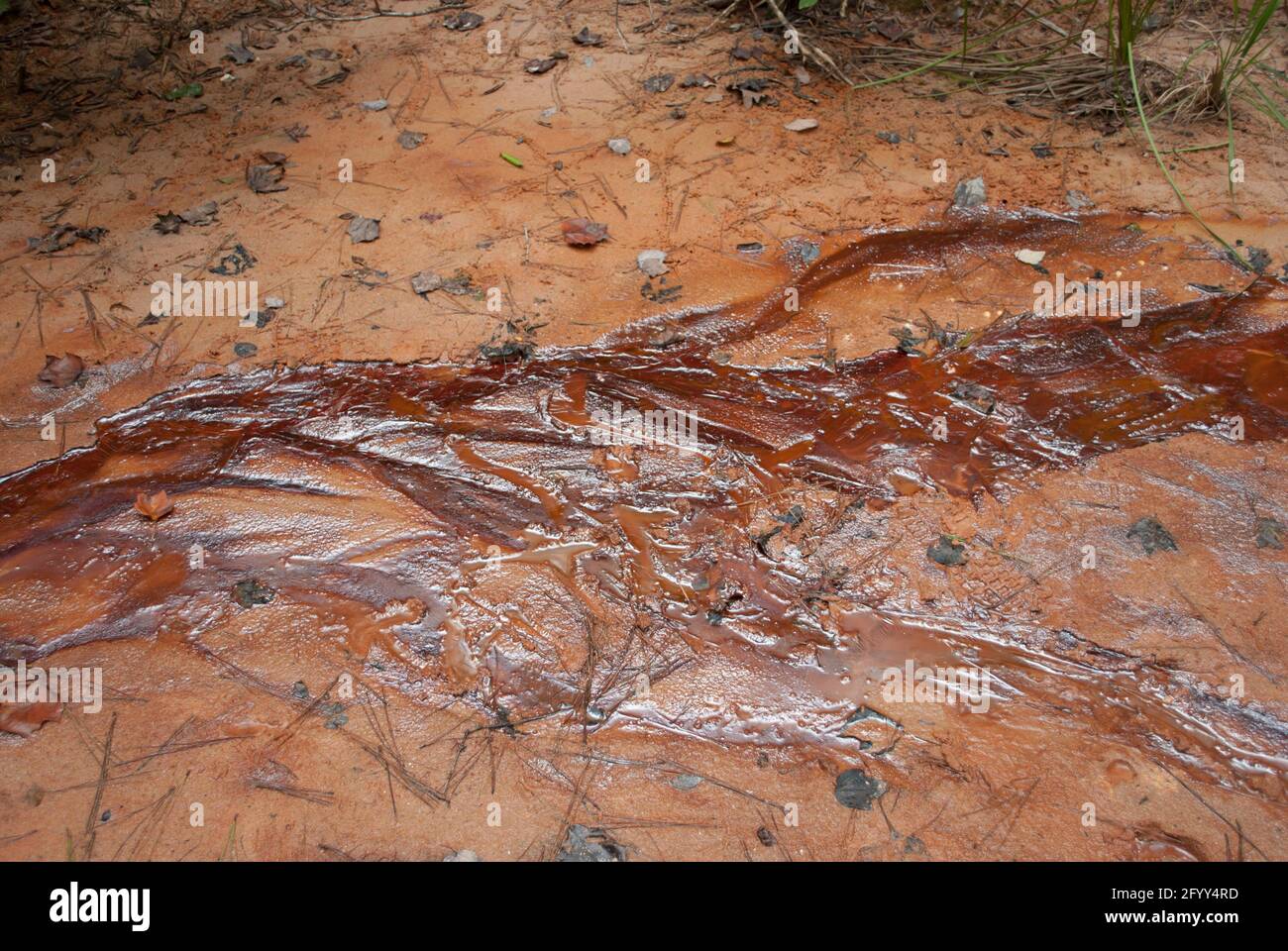 Große bunte Ölfleck auf dem Boden. Oilfield Stockfoto