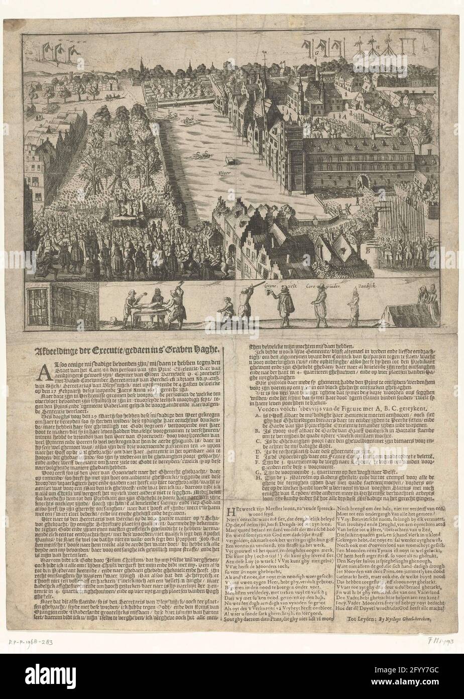Hinrichtung der Verschwörer gegen Maurits, 1623; Bild der Hinrichtung / Gaen in s'graven Haghe. Die Hinrichtungen von Reinier van Oldenbarnevelt, David Coorenwinder und Adiaan van Dijk, 29. März 1623, auf dem Gerüst des grünen Zoos in Den Haag. Mit einer großen Menge an Zuschauern. Unten eine breit schmale Darstellung der Sträflinge hinter Gittern, ihrer Hinterbliebenen und der Verstümmelung ihrer Leichen, der drei Sträflinge und trauernden Witwen in einem Sarg. Unter der Platte EINE Beschreibung der Ereignisse, die Legende A-H und ein Vers in 2 und 3 Spalten in Niederländisch. Stockfoto