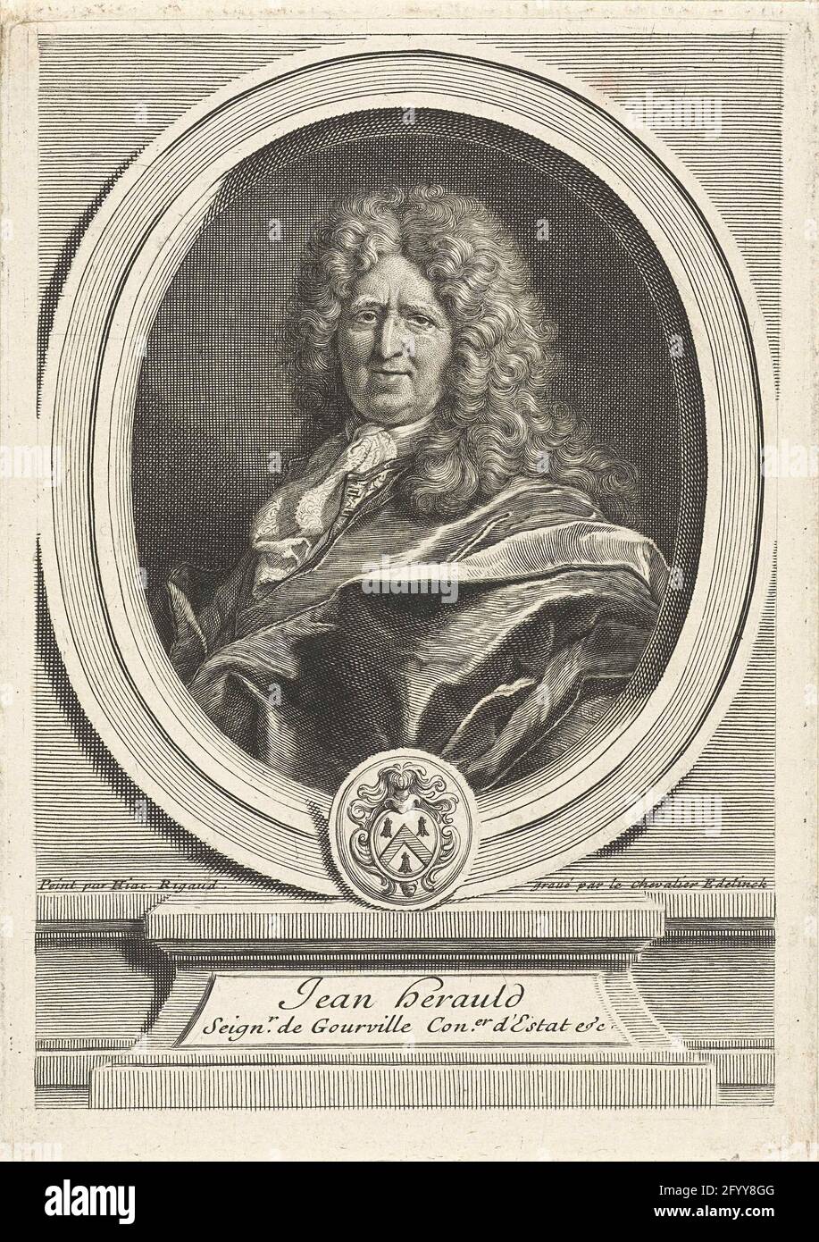 Porträt von Jean Hérault de Gourville. Porträt des französischen Diplomaten Jean Hérault de Gourville (1625-1703), in ovalem Bilderrahmen mit Waffe dargestellt. Stockfoto