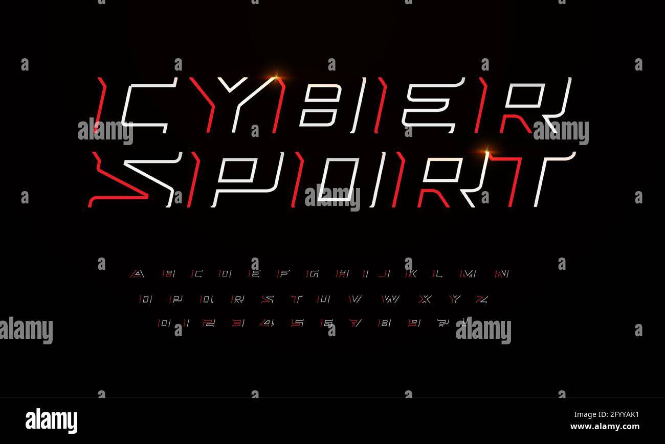 Eine futuristische Schrift mit scharfen Winkeln und dünnen Linien. Skizzieren Sie Buchstaben und Zahlen für die Überschrift und das Logo des Spiels. Linear kursiv, Cyber Stock Vektor