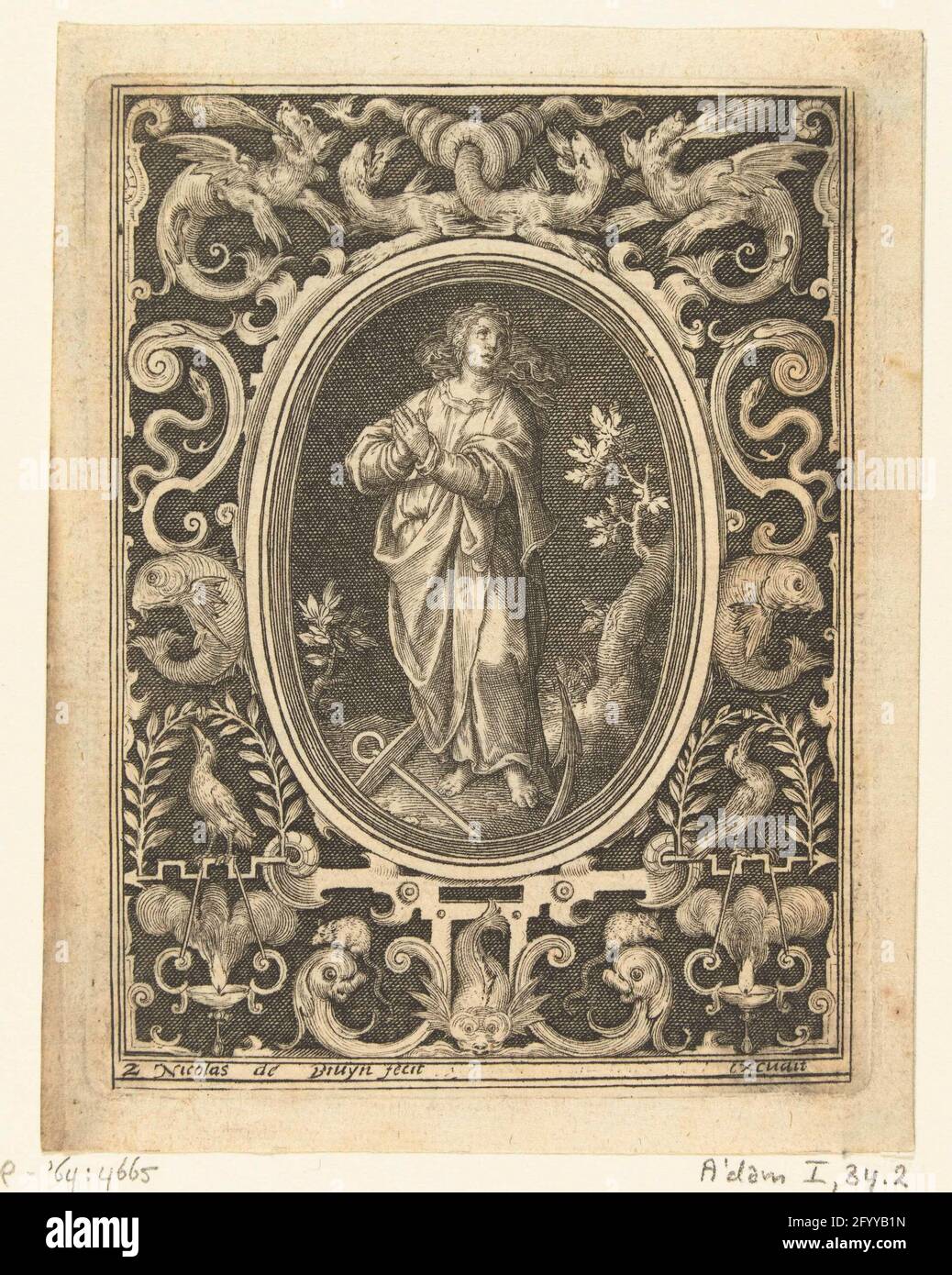 Flache Dekoration mit Spa; flache Dekorationen. Die Ovale mit vier Tugenden im Bilderrahmen der Grotesken mit den Tieren; die Hoffnung, in der Ornamentliste. Blatt 2 der Serie von 4 nummerierten Blättern mit flachen Verzierungen. Spes, in oval stehend. Im Rahmen in der Mitte von vier Drachen, zwei davon verdrehte Schwänze. Schattierter Hintergrund. Stockfoto