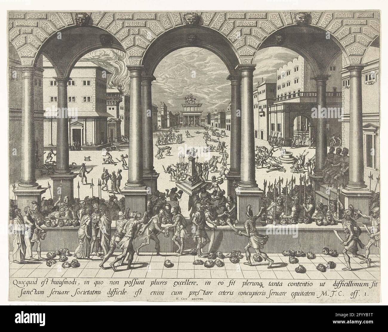 Slaughter unter den römischen drei Knotenpunkt. Gesicht durch Säulen Reihe und Bögen auf einem Platz, wo ein Schlachten stattfindet. Rechts sitzend auf einer Bühne die römische Dreioperation. Die gehackten Köpfe werden in einer Reihe auf die Brüstung gelegt. Mit einer lateinischen Beschriftung von 2 Zeilen. Stockfoto