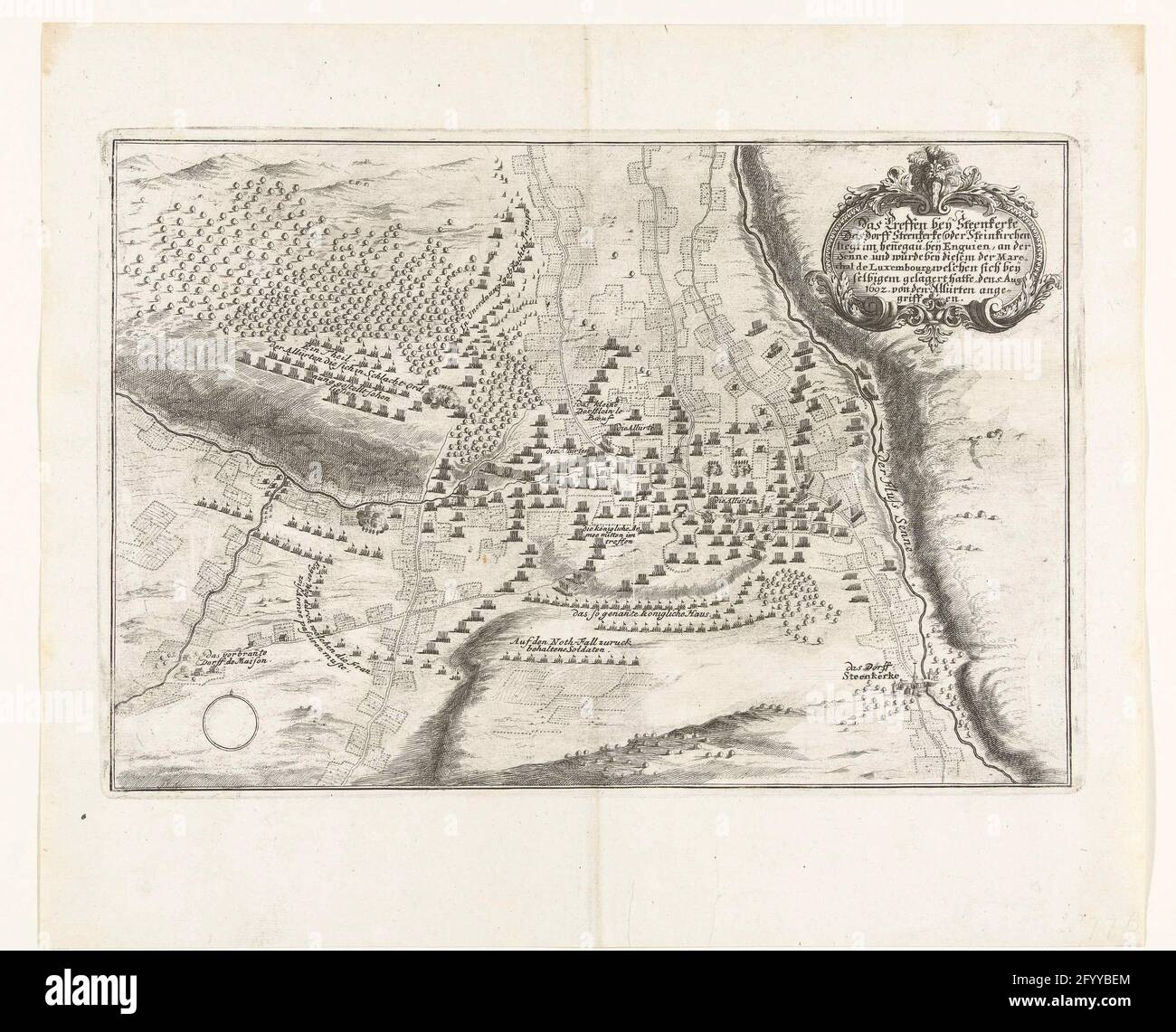 Schlacht bei Steenkerke, 1692; Beafen Bey Steenkerke (...) Bey diesem der Marechal de Luxembourg, welche sich Bey Selbigem Lower hatte den 5. Aug. 1692 Von Alliirten Gegrfen. Schlacht bei Steenkerke im Hennegau, bei der die französische Armee unter dem Herzog von Luxemburg die Alliierten unter König Wilhelm III. Besiegte, 3. August 1692. Stockfoto
