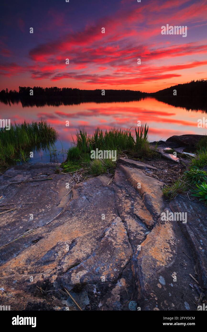 Farbenprächtiger Sommernachtsshimmel in Minatangen am See Vansjø, Østfold, Norwegen, Skandinavien. Stockfoto