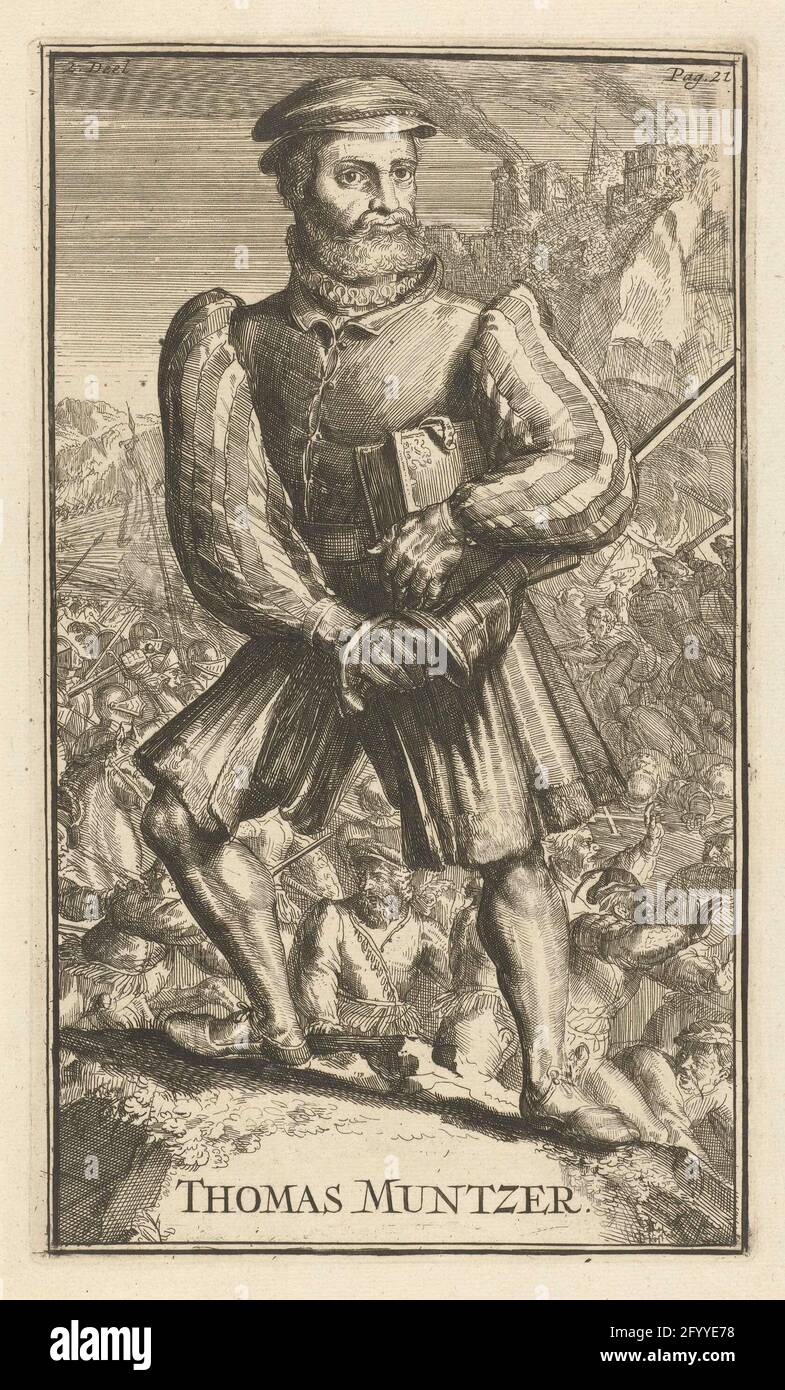 Porträt von Thomas Muntzer; Thomas Muntzer; Geschichte der Kirchen und Umarmungen (...) Bis zum Jahr Onses Heeren 1688. Porträt Thomas Muntzer aus einer Serie von Porträts in der Geschichte von Kirchen und ketting vom Beginn der neuen Testamente bis zum Jahr Onses Heeren 1688 von Godfried Arnold (1701) . Stockfoto