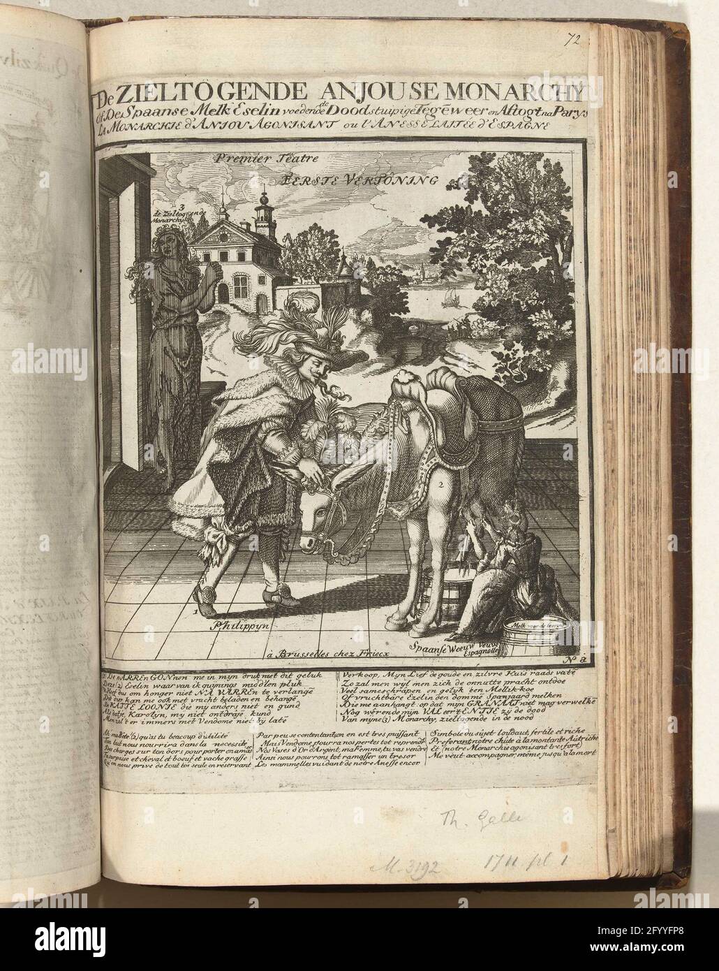 Die seelenvolle Anjouse-Monarchie (Tafel A), 1711; die seelenvolle Anjouse-Monarchie oder die spanische Milch Eselin füttern den Todeszug [n] wieder und zählt nach Parys / La Monarchie Anjou Agonizant (...); Tafeln um 1711 / 't Lusthof aus Momus. Die sterbende Anjouse-Monarchie (Tafel A), 1711. Erstes Album in einer Gruppe von 4 Allegorien über das Scheitern des Herzogs von Anjou als König Philipp V. von Spanien. Der Esel (Spanien) wird gemolken. Mit Inschriften und Versen auf Niederländisch und Französisch. Ein Teil der Platten über 1711, eine Gruppe von 5 beispiellosen Patronen auf die Französisch im Jahr 1711 des spanischen Erbfolgekrieges. Teil von Stockfoto