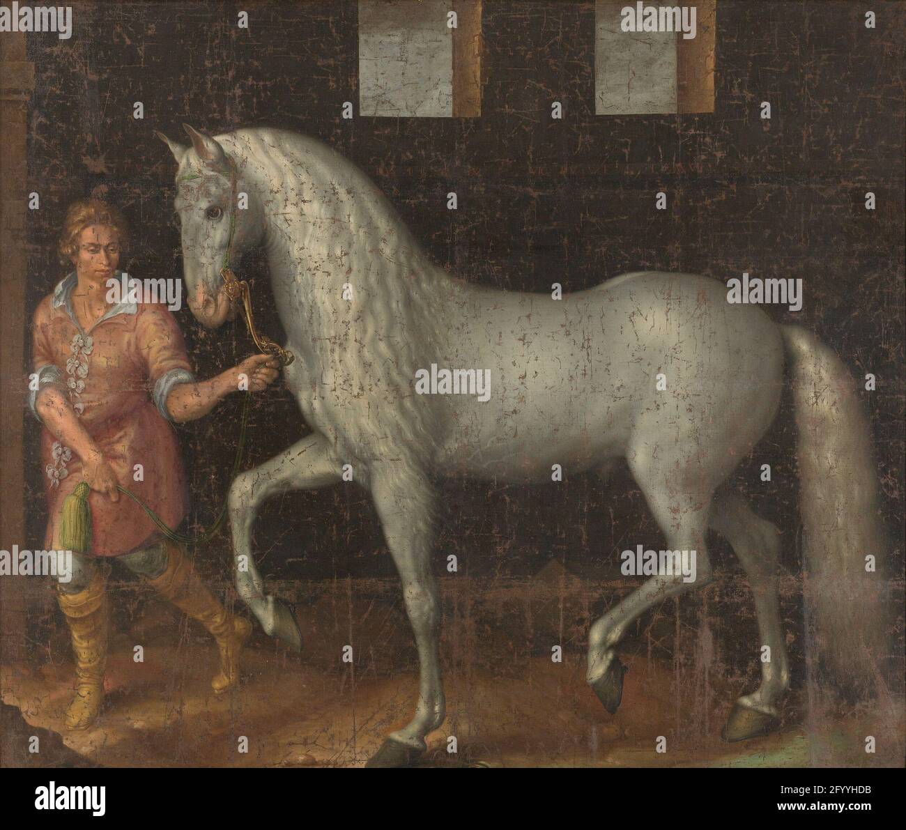 Ein spanisches Kriegspferd, das von Lodewijk Gunther van Nassau vom Erzherzog Albert von Österreich in der Schlacht von Nieuwpoort gefangen genommen und Prinz Maurits überreicht wurde. Ein weißer spanischer Kampfhengst, der von Louis Günther aus Nassau bei Erzherzog Albertus aus Österreich während der Schlacht von Nieuwpoort 1600 gebacken und Prinz Maurits gestiftet wurde. Das Pferd wird von einem Groomsman geführt und ist fast lebensgroß. Stockfoto