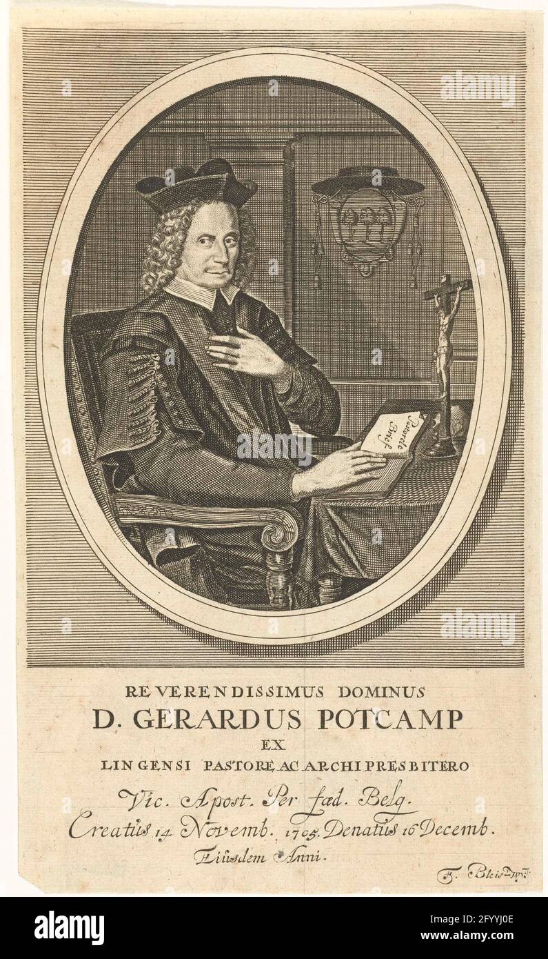 Porträt von Gerard Potcamp, Pastor und Erzpriester von Lingen; Reverendissimus Dominus D. Gerardus Potcamp (...) Dezember 16 Euldem Anni. Porträt von gerard Potcamp, Pfarrer und Erzpriester von lingen, sitzend am Tisch mit Kruzifix, an der Wand hängt seinen Arm. Kniestück im ovalen Rahmen. Stockfoto