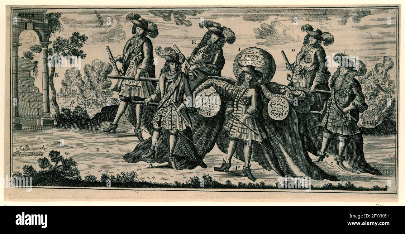 Die Beerdigung der Monarchie von Ludwig XIV., 1695; L'Enterrement de la Monarchie Universelle de Louis XIV. Par la mort du marechal de luxembourg, & par la pry de casal & de namur; Debtisse van D'Generalke Monarchie von Lodewyk de XIV. Durch den Tod des Marschalk von Luxemburg und durch die Eroberung von Casal und Namur. Die Beerdigung der Monarchie des französischen Königs Ludwig XIV., 1695. Karikatur auf die Franzosen nach dem Verlust von Namen und casale monferrato in Italien und dem Tod von François Henri de Montmorency, Herzog von Luxemburg im Jahr 1695. Hinterließ die falsche Adresse des Verlegers in Paris. Ein Textblatt gehört dazu Stockfoto