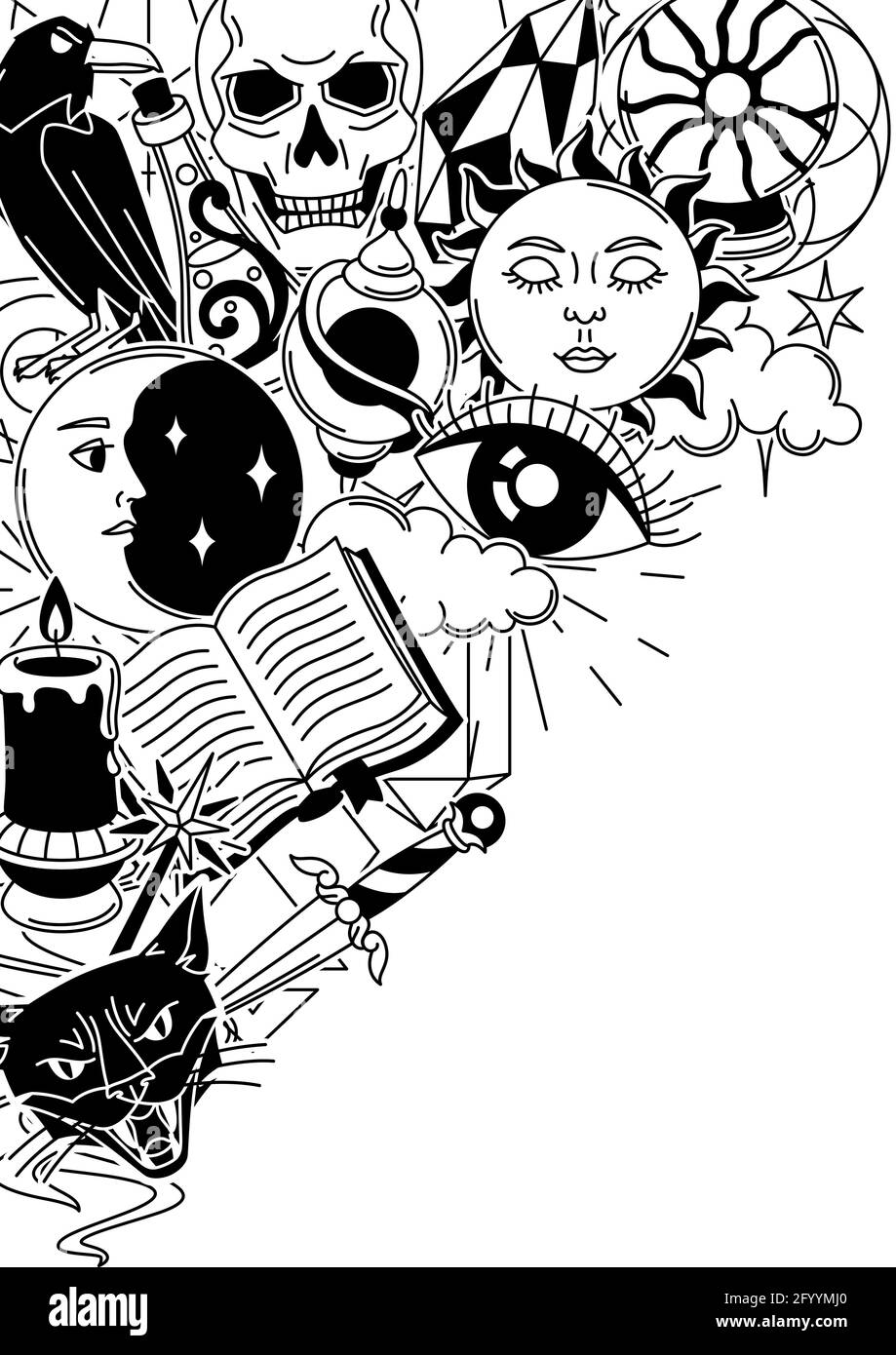 Magischer Hintergrund mit geheimnisvollen Gegenständen. Mystische, Alchemie, Spiritualität Symbole. Stock Vektor