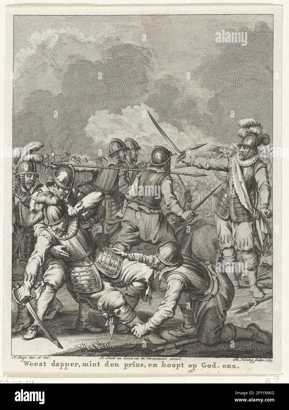 Tod von Charles de Boisot, 1575; Trag tapfer, Mint den Prince und hofft auf Gott. Usw.; Szenen aus dem Leben von Prinz Willem I., 1568-1584. Tod von Charles de Boisot auf dem Schlachtfeld während eines Kampfes mit Mondragon, 29. September 1575. Siebzehnte Stimme. Stockfoto