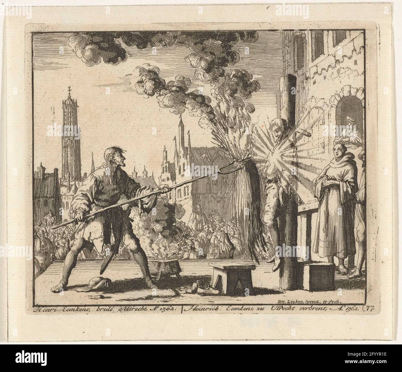 Hendrik Eemkens in Utrecht durch Schießpulver getötet, 1562; Henri Eemkens, Brulé à Utrecht, AO. 1562 / Heinrich Eemkens Zu Utrecht Verbent, Ao. 1562. Hendrik Eemskens auf einem öffentlichen Gerüst in Utrecht durch Schießpulver getötet, 1562. Stockfoto