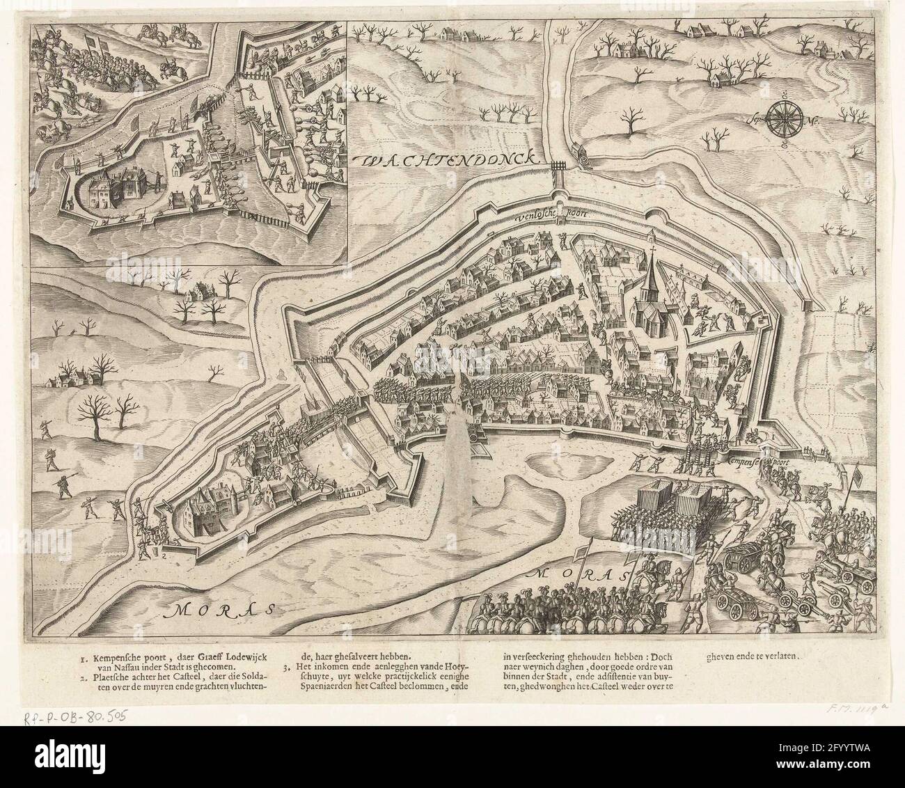 Eroberung von Wachtendonk, 1600. Eroberung durch Wachtendonk durch Louis Gunther, Graf von Nassau, 23. Januar 1600. Plan der Stadt und in der Nähe. Unten betreten die Staatstruppen am Kempense-Tor die Stadt. Oben links eine Wette mit dem Kampf um die Burg Wachtendonk. Separat unter der Platte gedruckt die Legende 1-3 in niederländischer Sprache. Stockfoto