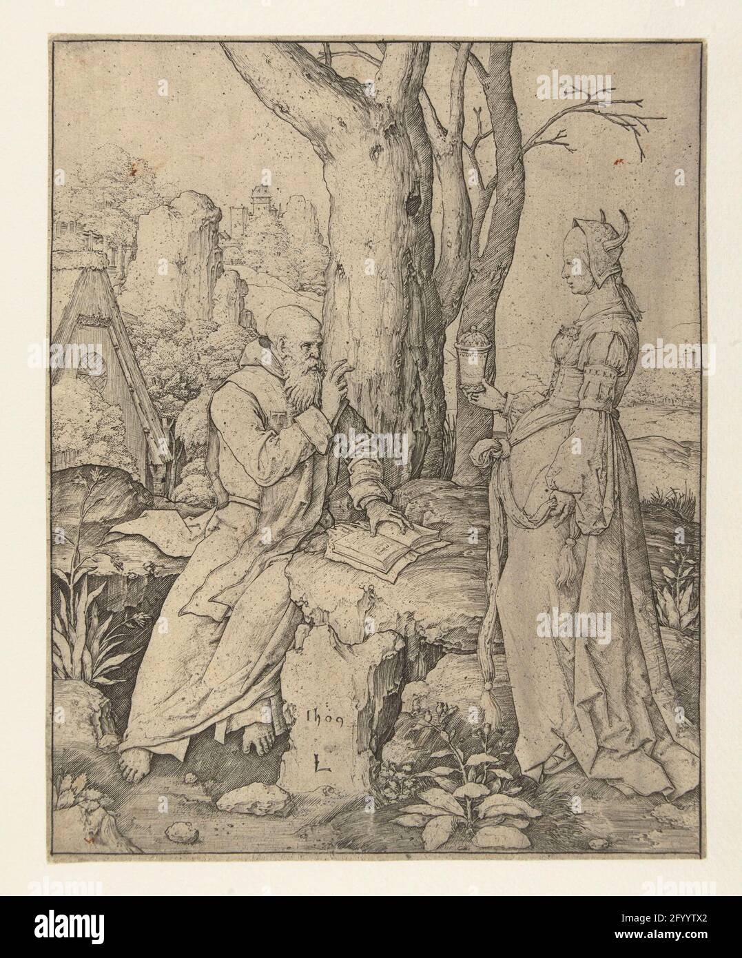 Die Versuchung des heiligen Antonius. Der heilige Antonius sitzt in der Landschaft mit Buch, für ihn ist eine Frau mit Hörnern auf dem Kopf und einem Topf in der rechten Hand. Stockfoto