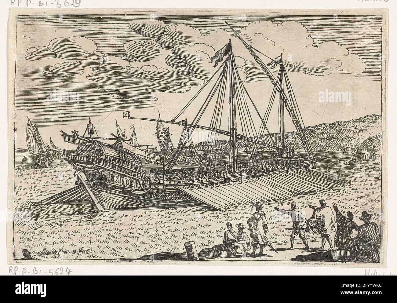 Türkische galei auf See; Gesichter des Hafens von Messina. Ein türkischer galei auf See. Mehrere Personen zeigen auf das Schiff im Vordergrund. Druck aus einer Serie von dreizehn Drucken mit Gesichtern des Hafens von Messina. Druck aus einer Serie von dreizehn Drucken mit Gesichtern des Hafens von Messina Stockfoto