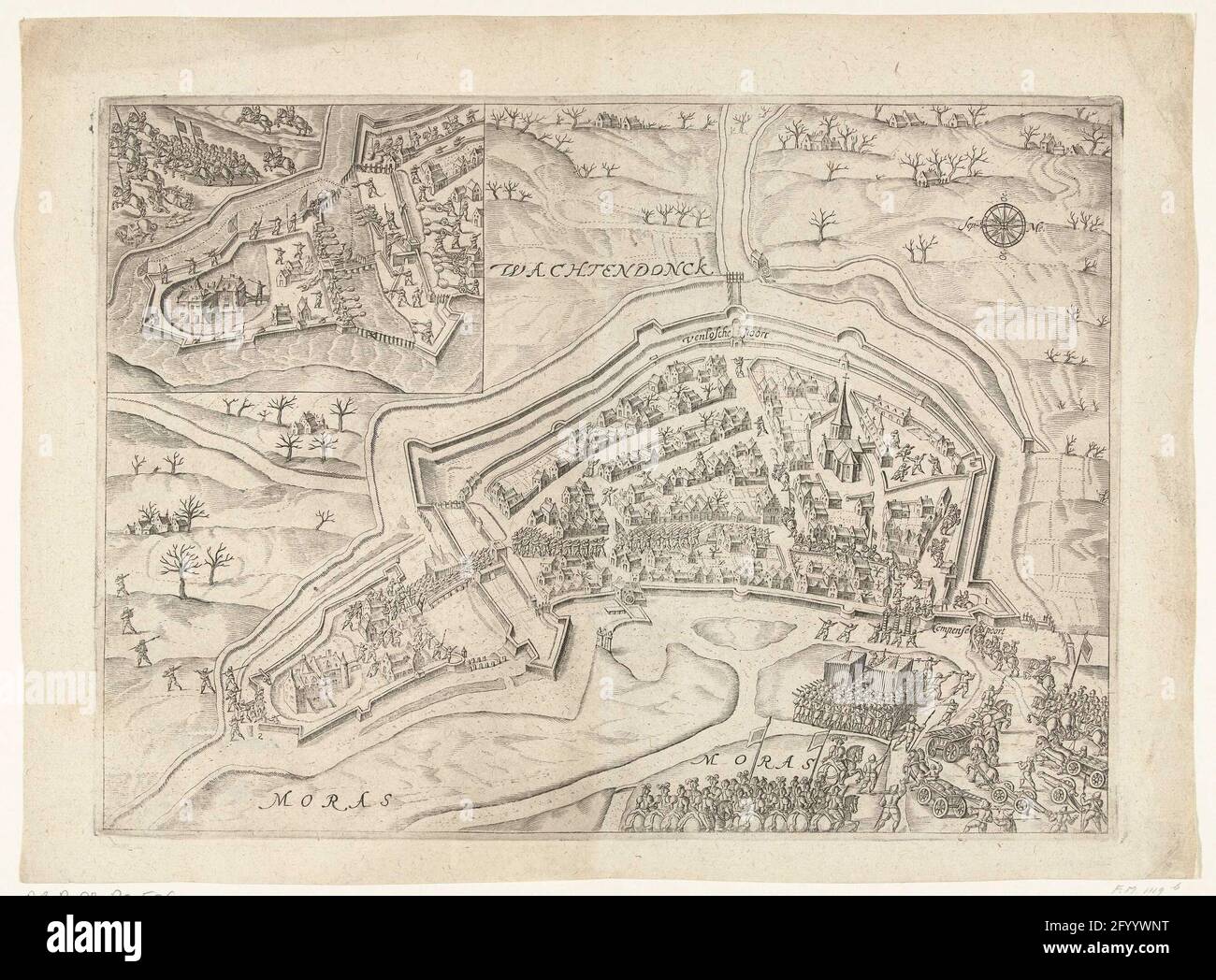 Eroberung von Wachtendonk, 1600. Eroberung durch Wachtendonk durch Louis Gunther, Graf von Nassau, 23. Januar 1600. Plan der Stadt und in der Nähe. Unten betreten die Staatstruppen am Kempense-Tor die Stadt. Oben links eine Wette mit dem Kampf um die Burg Wachtendonk. Ohne die Legende unter der Platte. Stockfoto