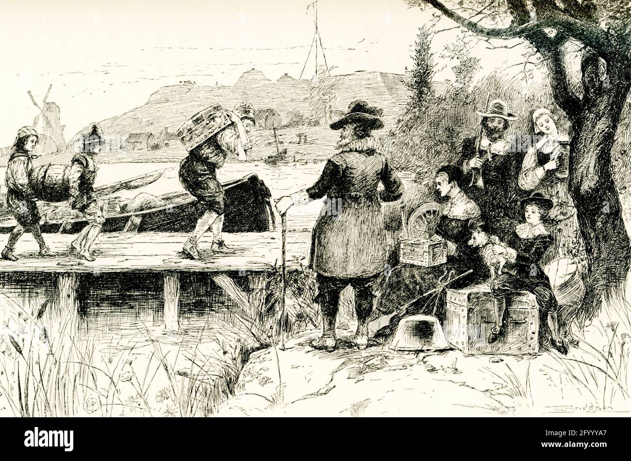 Die Überschrift von 1888 lautet: „Partei der Wallonen kommt zur Besiedlung in Albany“. Im Jahr 1624 landete ein Schiff mit 30 protestantischen Wallonen (französischsprachige Menschen aus dem heutigen Südbelgien) in Neuniederland; 18 der Männer wurden an den Ort in der Nähe des heutigen Albany geschickt. Stockfoto