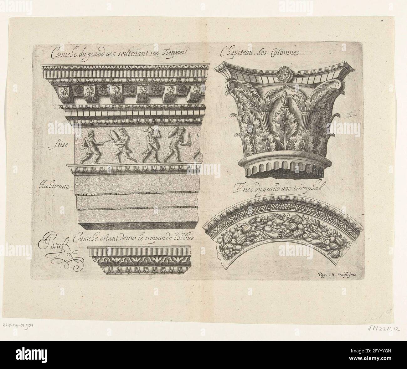 Friesen und Hauptstadt am römischen Triumphbogen in Orange, 1639; Corniche du Grand Arc Soustenant Son Timpan / Chapiteau des Colomnes. Verschiedene Friesen und eine Hauptstadt auf dem römischen Triumphbogen in Orange. Unterschrift unten rechts: S. 28. TroisiesMe. Stockfoto