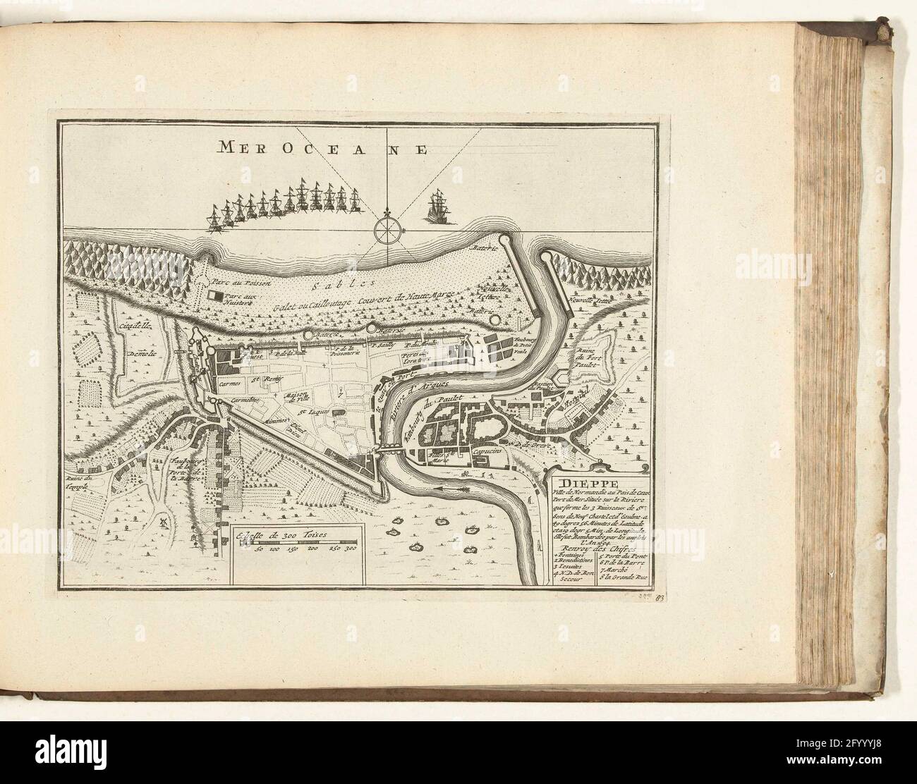 Karte von Dieppe, 1726; Dieppe Ville Normandie (...) Elle FUT Bombendee Par les Anglois l'an 1694; Les Forces de l'Europe, Asie, Afrique et Amerique (...) Comme Aussi Les Cartes des Côtes de France et d'Espagne. Grundriß der französischen Hafenstadt Dieppe, bombardiert von den Alliierten im Juli 1694. Platte Nr. 83 im vierten Teil des Bildes: Les Forces de l'Europe, Asion, Afrique et Amerique ... Comme Aussi Les Cartes des Côtes de France et D'Espagne von 1726, dieser erste Teil von 238 handnummerierten Tafeln renommierter starker Städte und Festungen im Kontext des spanischen Erbfolgekrieges 1701-1713. Für die meisten p Stockfoto