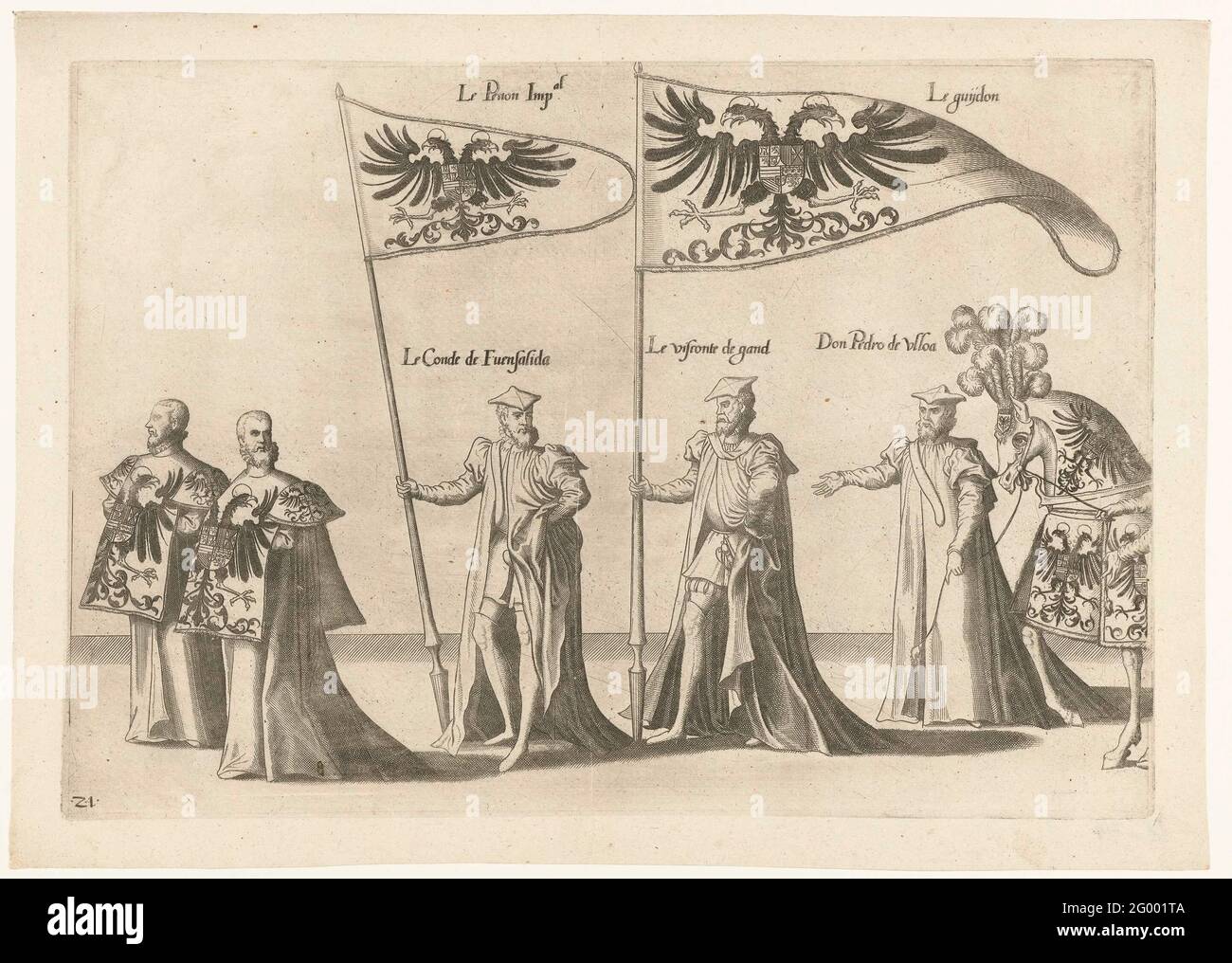 Teil der Prozession, nein 21; Trauerzug von Kaiser Karl V., 1558. Fünf Teilnehmer an der Prozession, ein Pferd und die kaiserlichen Banner. Teil des Druckers der Trauerprozession von Kaiser Karl V. am 29. Dezember 1558 in Brüssel. Stockfoto